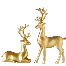 FANTESTICRYAN 2pcs Reindeer Sculpture Gold Resin Christmas Elk Statues Home O...