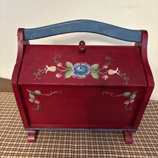 Wooden Folk Art Sewing Box with Handpainted Norwegian Rosemailing Style Design