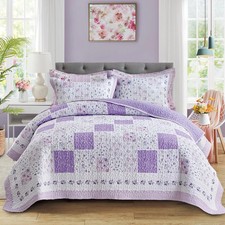 Patchwork Quilt Set Queen Size,3 Pieces Purple White Pink Floral Plaid Revers...