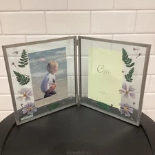 Vtg Pressed Wildflower Leaded Glass Carr Photo Hinged Double Picture Frame NOS