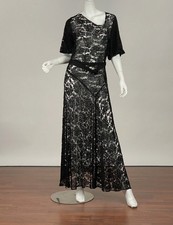 Antique 1920s Black Lace Dress With Floral Design Belted Short Sleeve AS IS