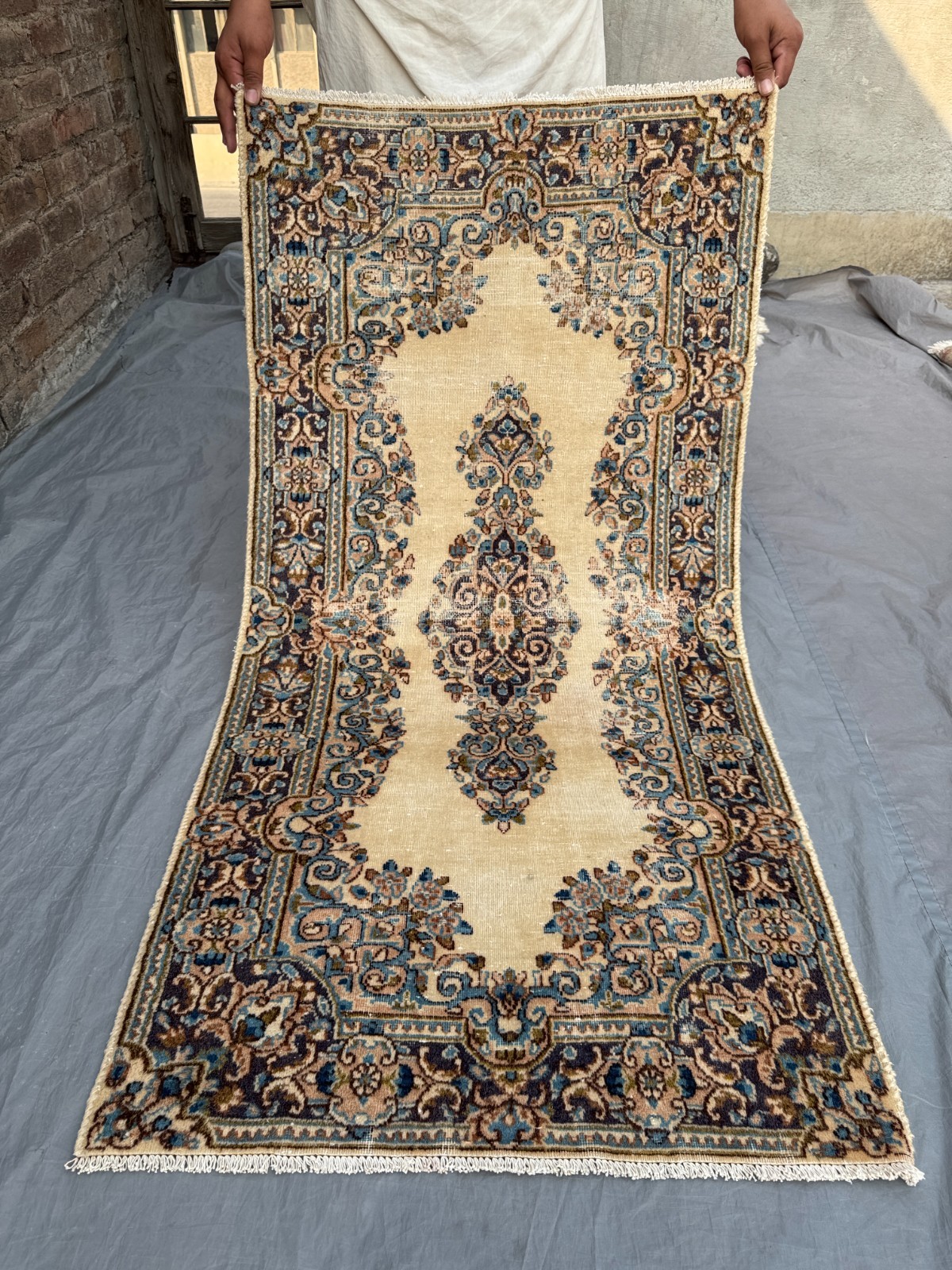 Antique Turkish Low Pile Distressed Rare Rug, Handknotted Wool Kitchen Area Rug