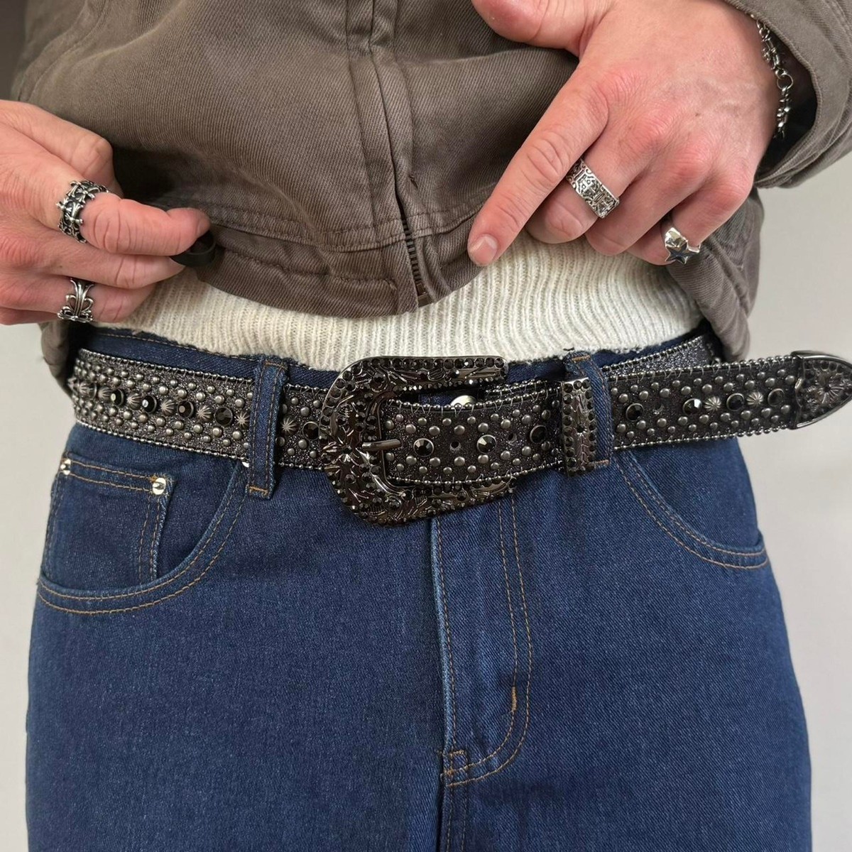 Y2K Black Cross Rhinestone Studded Belt – Goth Emo Unisex Style