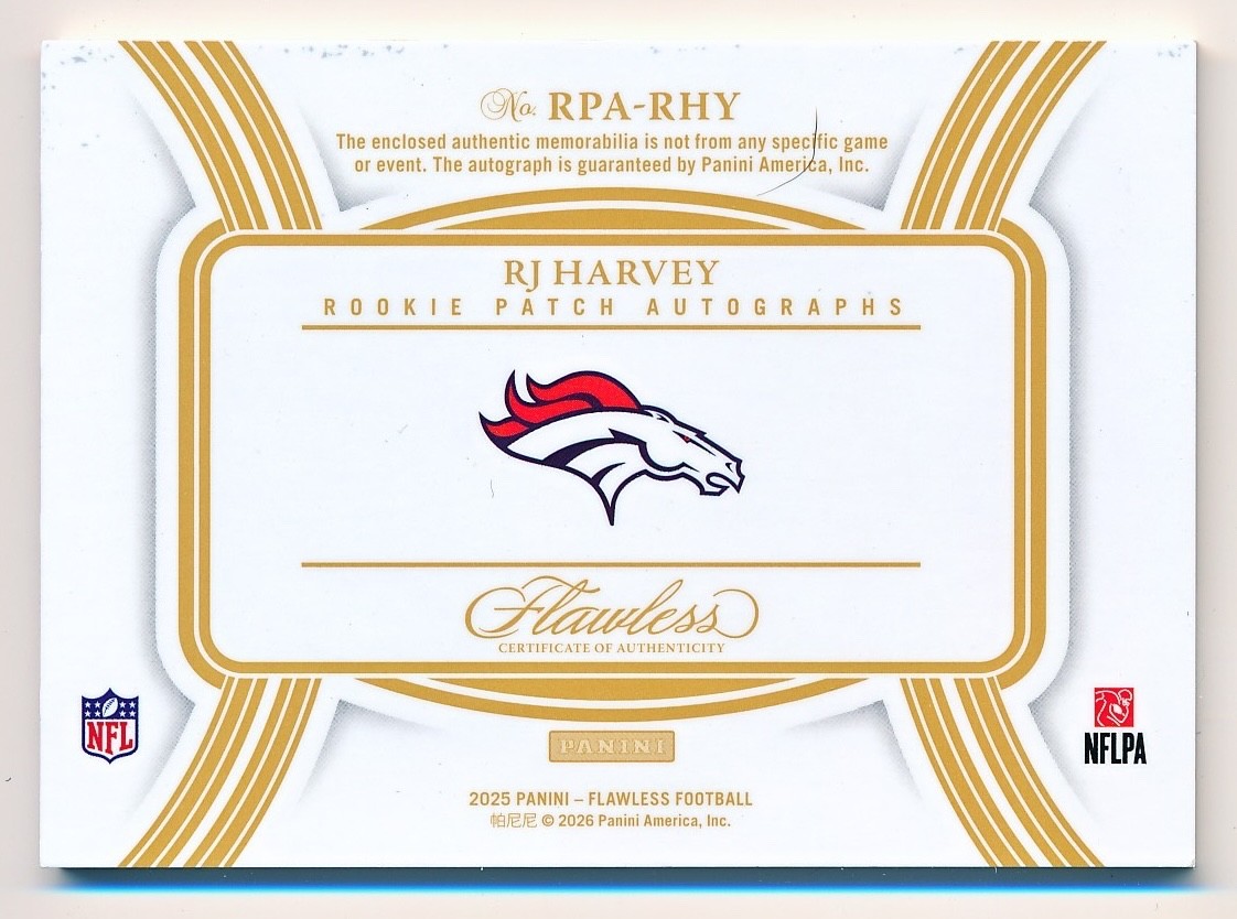 2025 Flawless RJ Harvey Rookie Patch Autographs Platinum Auto Rc #RPA-RHY (1/1) view 2