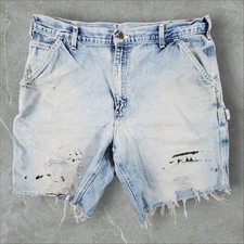 Carhartt Carpenter Shorts Men 38 Blue Distressed Denim Jorts Paint Splat B13 DST