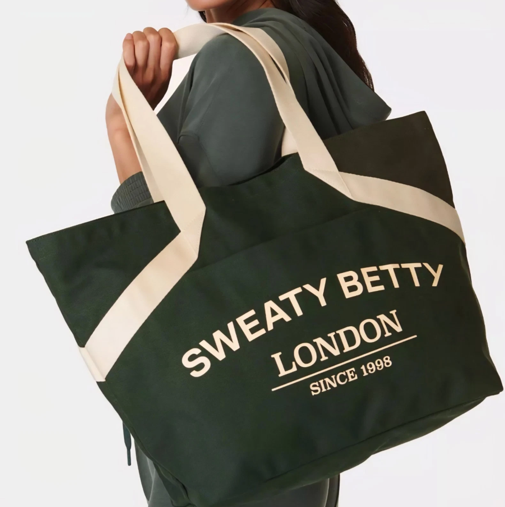 $74 SWEATY BETTY London Essentials Canvas Tote Bag Trek Green Cotton Travel Gym