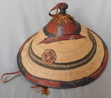 Vintage west African hat Fulani tribal red leather straw Wodaabe Accra grass