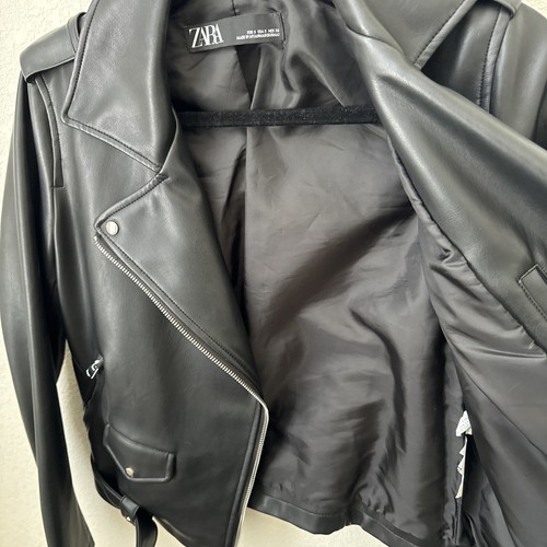 Zara Faux Black Leather Cropped Biker Motocycle Jacket Belted Women's Size S - Picture 5 of 6