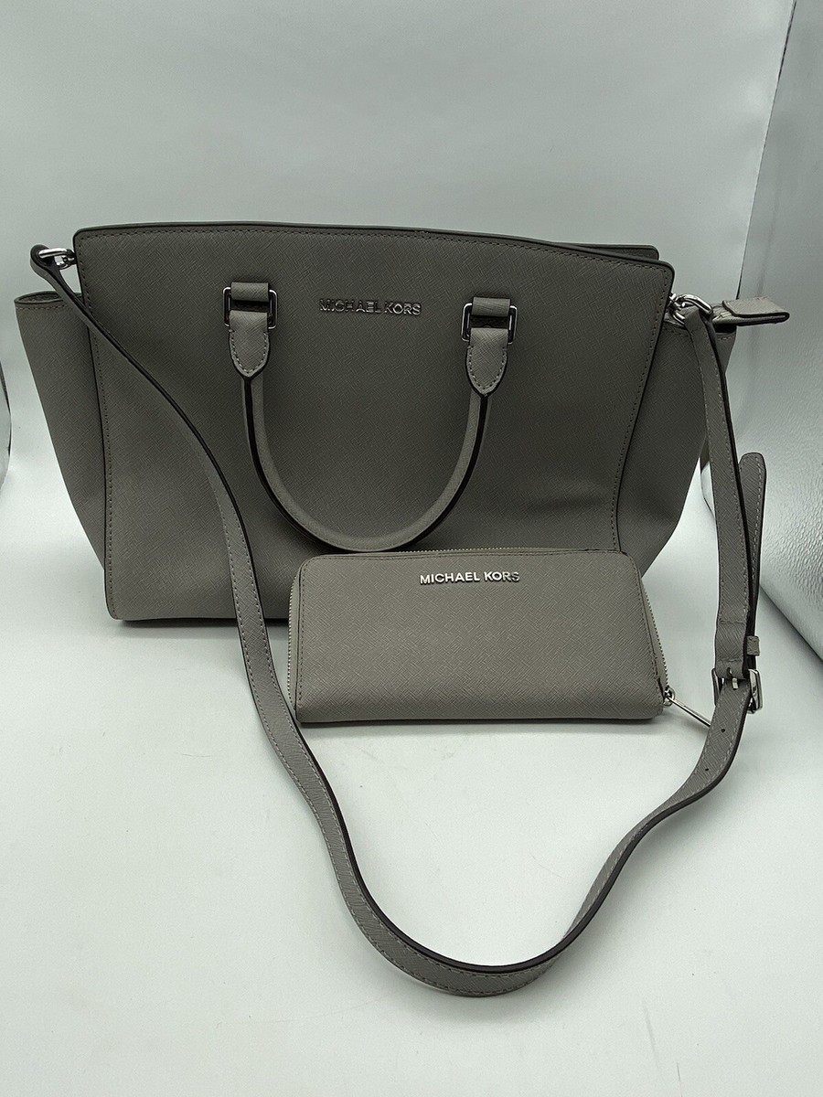 Michael Kors SELMA Gray Saffiano Leather Zip Top Shoulder Bag
