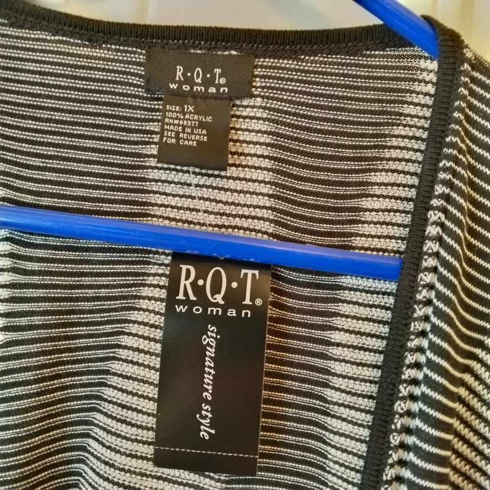 Cárdigan suéter RQT para mujer 1x negro/blanco a rayas L/S nuevo con etiquetas frente abierto MAR300 Foto 3 de 4