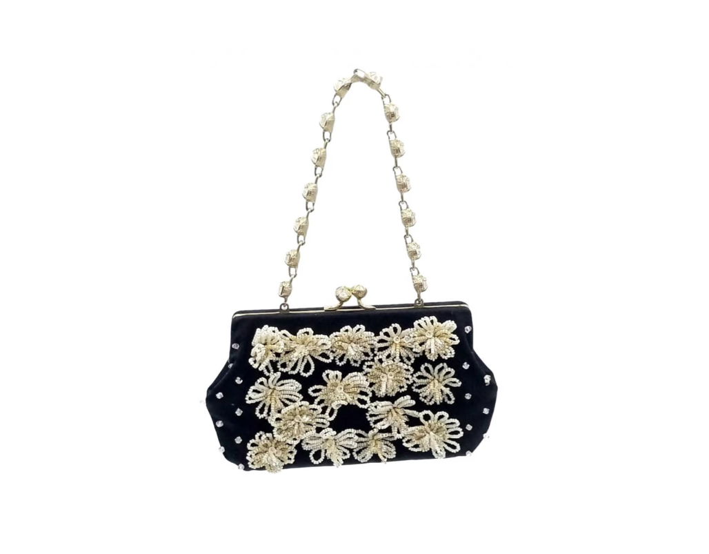 Valentino Beaded Vintage Satin Black Kiss Lock A Frame Tote With