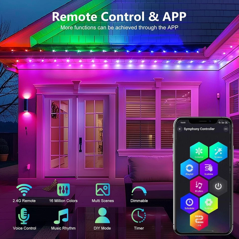 New- ASLONG Permanent Outdoor Lights with App & Remote, 200ft Smart Eaves Lights - Image 4 of 4