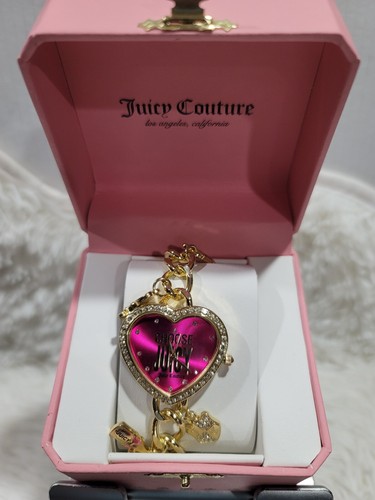 Juicy Couture Gold Tone Hanging Charm Watch . Hot Pink Heart Shaped Bezel New - Picture 3 of 4
