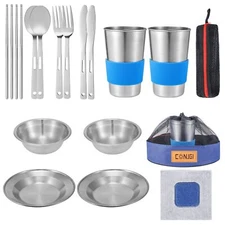 Camping Dinnerware Set Stainless - Camping Mess Kit includes Cups Bowls Dishe...