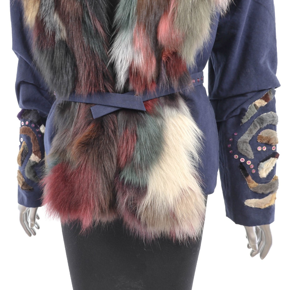 Christian Lacroix Blue Cotton Jacket with Multicolor Fox Trim