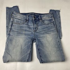 American Eagle Women's Mid Rise Jegging Blue Denim Jeans Distressed Size 4 Reg