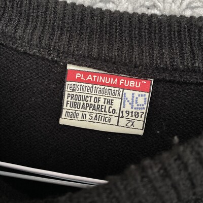 VINTAGE Platinum Fubu Sweater Mens 2XL Black Hip Hop Y2K Elbow