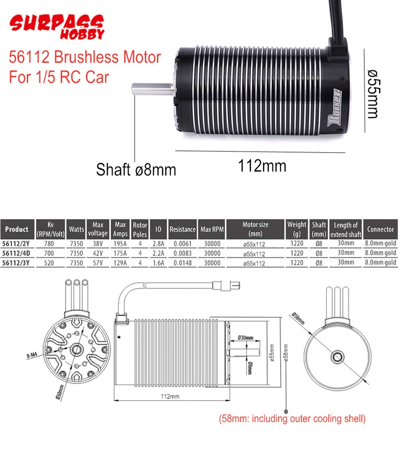 Surpass Hobby 56112 780KV/700/520KV Brushless Motor Shaft 8mm For 1/5 RC Car RTR - Image 2 of 4