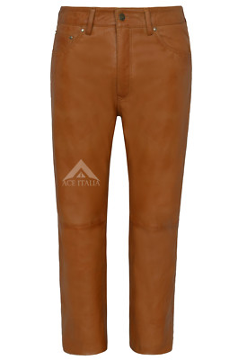 Herren Lederhose echt hellbraun Napa Biker Motorrad Jeans 501 