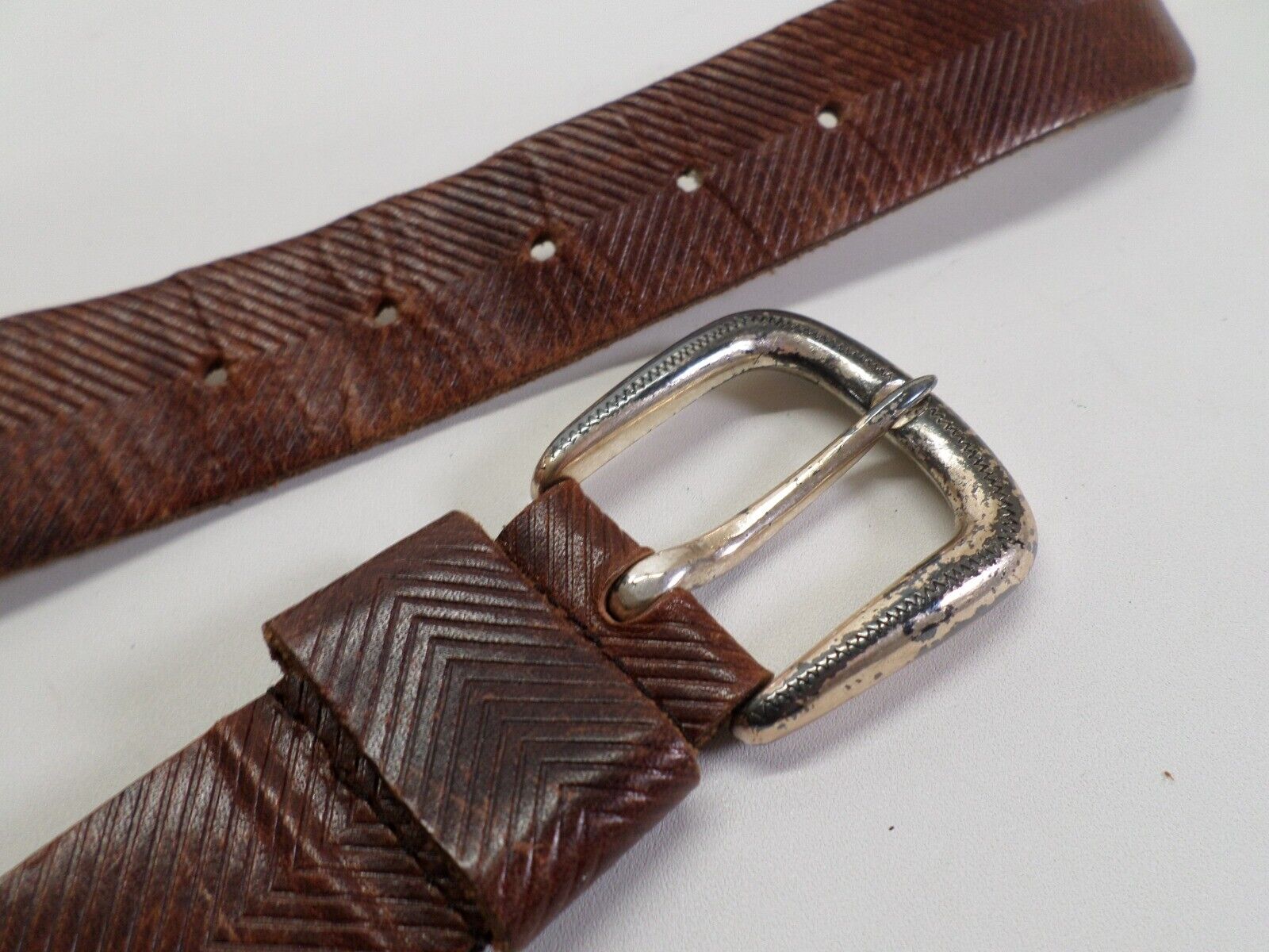 Herringbone Leather Belt 28 30 Brown Distressed - image 8