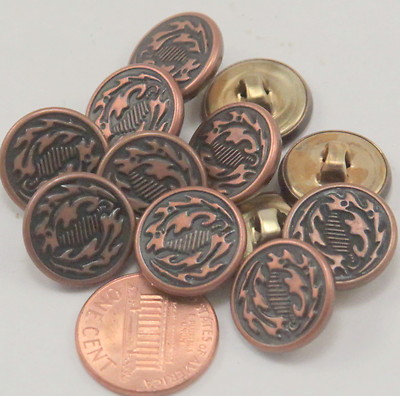 12 Puffed Copper Tone Metal Black Accent Buttons 9/16