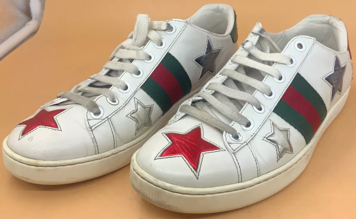 revidere Den anden dag vandrerhjemmet GUCCI Ace Stars White &amp; Metallic Leather Unisex Lowtop Designer Sneakers  Size 37 | eBay