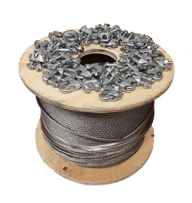 7 x 7 Galvanized Aircraft Cable Wire Rope 1/16'' 1000 ft with Cable Clamps Clips