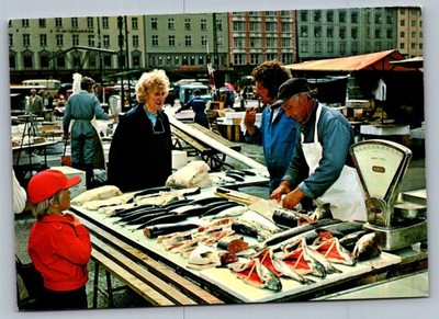 Postcard 1980s Bergen, Norway Fish Market Scene