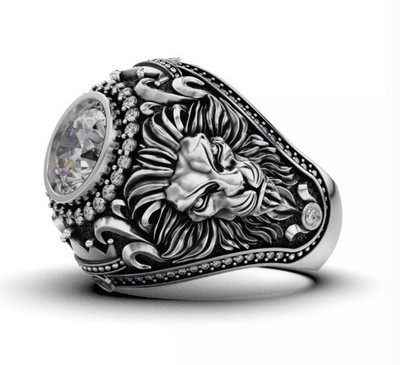 925 Sterling Silver Lion Ring with CZ Stone Bold Statement Mens Ring