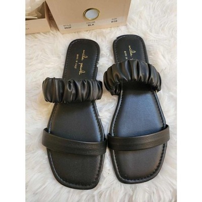 Mila Paoli Made in Italy Slip On 2 Band Black Sandals Size 8 / 39 New