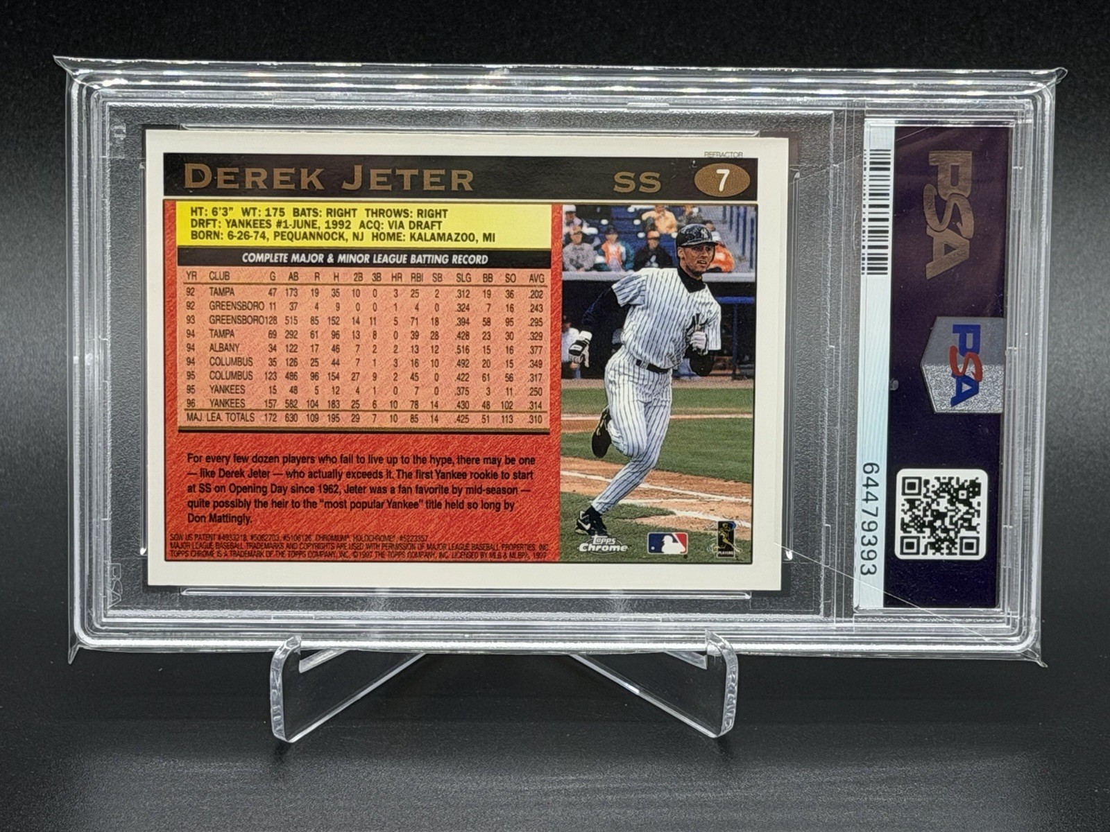 1997 TOPPS CHROME REFRACTOR DEREK JETER RC CUP PSA 8 YANKEES CARD #7 view 2