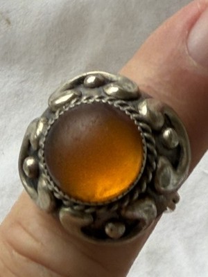 Mid Century Sterling Ethnic Boho Artisan Amber Colored Stone Adjustable Ring