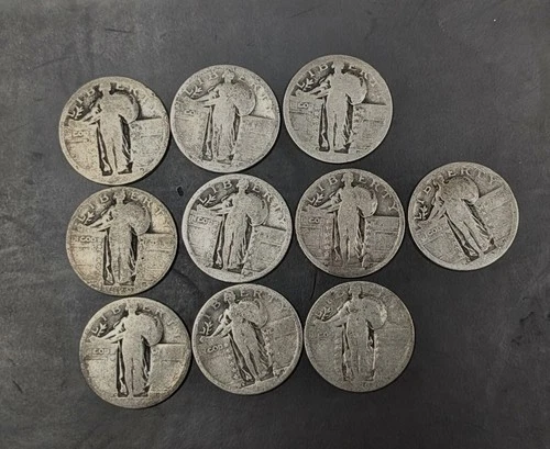 Lot of 10 Standing Liberty Silver Quarters 1917–1930 90% Silver VG/F Original