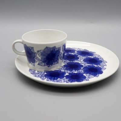 Vtg '60s Arabia Finland Malva Mug & Plate TV Snack Set Blue & White Floral CHIP