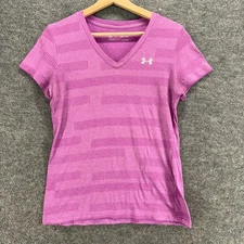 Under Armour T-Shirt Women S Small Purple Striped Short Sleeve V-Neck Casual