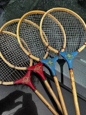 4 Vintage Wooden Badminton RACKETS: 2 Blue Ribbon 2 Red