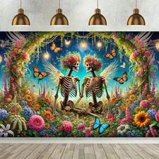Whimsical Skeletons with Flower Crowns Night Sky Backdrop,8x6ft-Vibrant Polyeste
