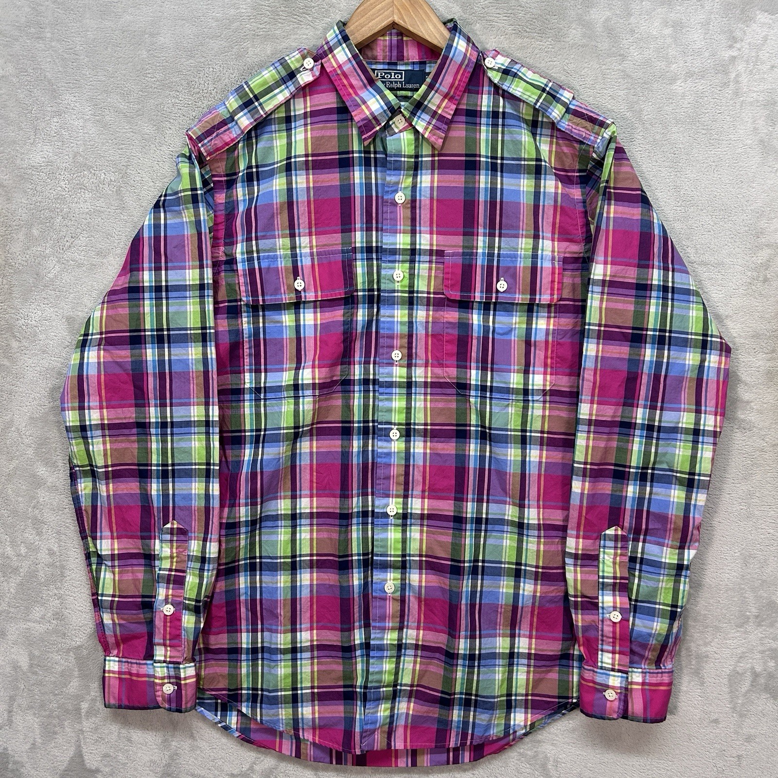 Vtg Polo Ralph Lauren Military Style Long Sleeve Button Shirt Men's Large Plaid. thumbnail 2