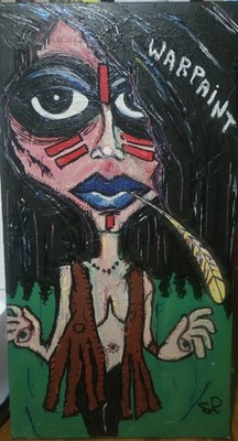 WARPAINT Contemporary Folk Art Woman Portrait Painting w/Feather ''WARPAINT'' Text