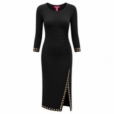 Black Studded Bodycon Midi Sz M 3/4 Sleeve Stretch Going Out Edgy Glamour New