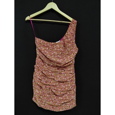 LUSH Fuschia Lime Floral One Shoulder Dress Ruched Short Women Size L