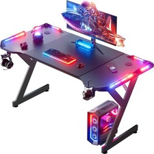 Image of 160 cm Gaming Desk with LED Lights, Ergonomic Computer Desk with Headphone Hook