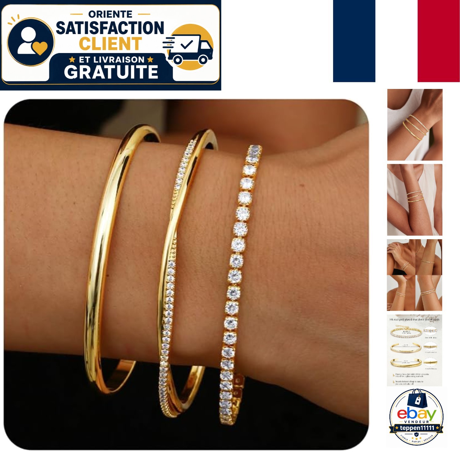 Bracelets Joncs Anti-Ternissement en Acier Plaqué Or et Zircons 5A - Bijou Peau Sensible