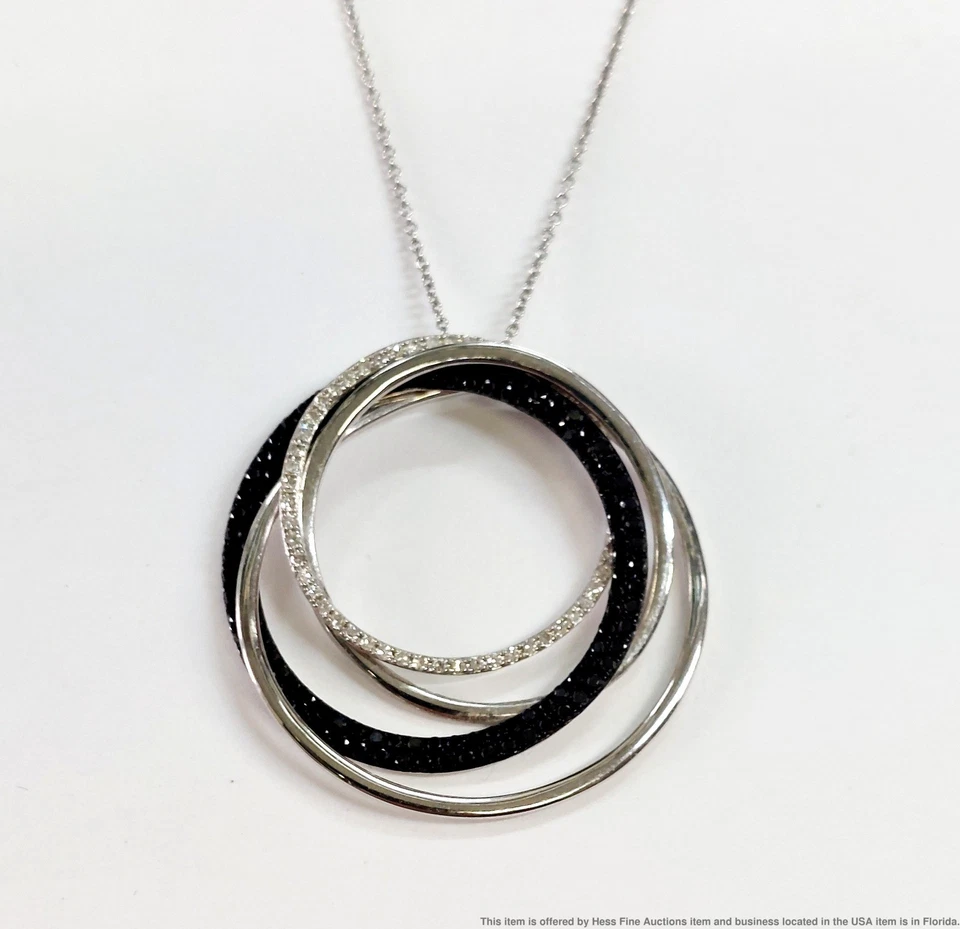 Signed EFFY Treated Black Diamond 14k White Gold Circle Pendant wChain Necklace - Image 2 of 4