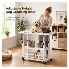 New Rolling Pet Grooming Table Adjustable Height Storage White Black