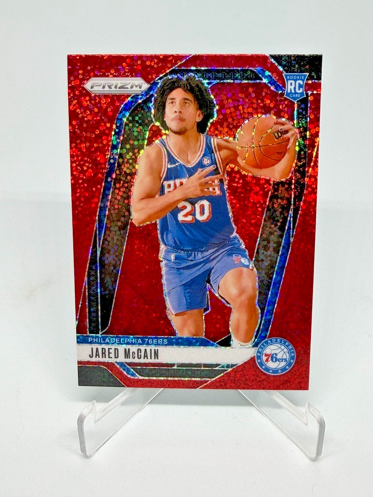 Jared McCain 2024-25 Panini Prizm #222 Red Sparkle Prizm Rookie RC 76ers