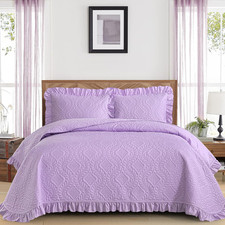 Queen Quilt Set 3 Piece Purple Lavender Ruffled Lightweight Coverlet Bedding Set