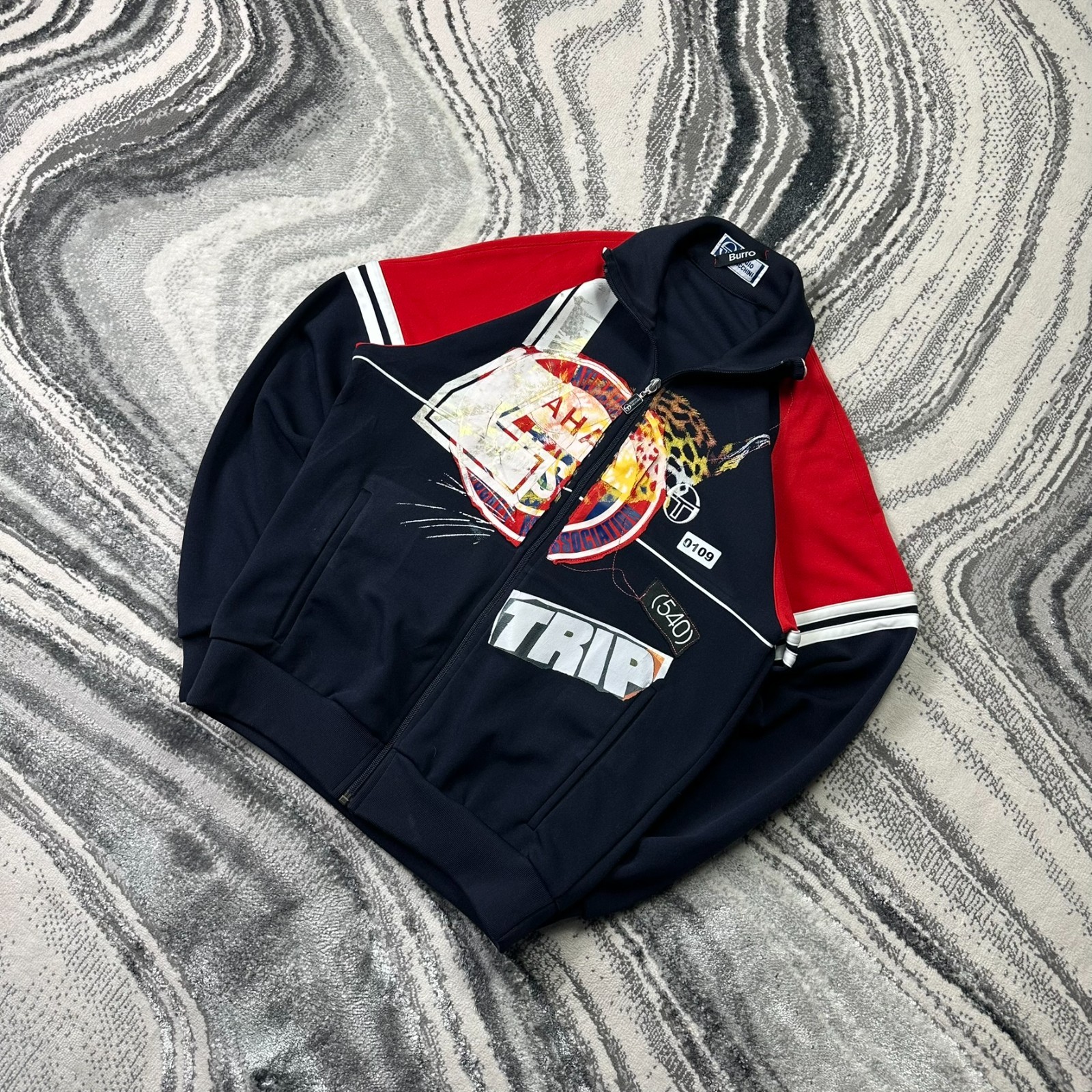 VTG Sergio Tacchini Burro 2000's Y2K Large Navy Stripe Funnel Neck Track Jacket image 3