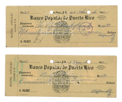 VINTAGE BANK CHECK / BANCO POPULAR DE PUERTO RICO / SAN JUAN  PR 1932