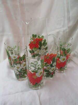Vintage clear glass lg Pitcher & 5 Tumblers w/ Poinsettias Holly Anemones Pine